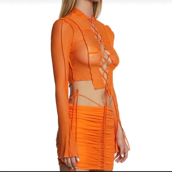 Poster Girl X Dolls Kill Orange Heating Up Mesh Lace Up Skirt Set NWT XXS-XS