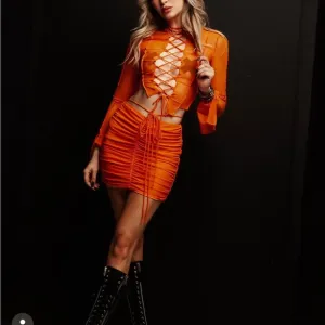 Poster Girl X Dolls Kill Orange Heating Up Mesh Lace Up Skirt Set NWT XXS-XS