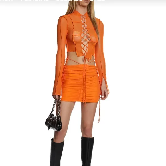 Poster Girl X Dolls Kill Orange Heating Up Mesh Lace Up Skirt Set NWT XXS-XS