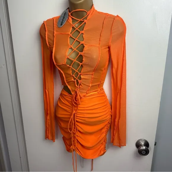 Poster Girl X Dolls Kill Orange Heating Up Mesh Lace Up Skirt Set NWT XXS-XS