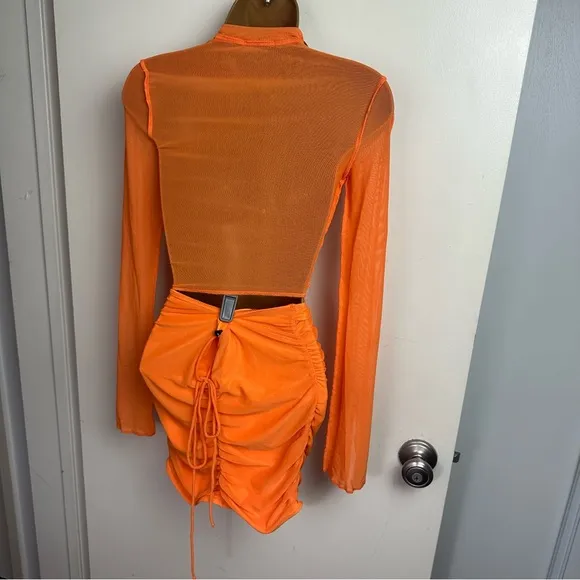 Poster Girl X Dolls Kill Orange Heating Up Mesh Lace Up Skirt Set NWT XXS-XS