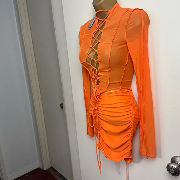 Poster Girl X Dolls Kill Orange Heating Up Mesh Lace Up Skirt Set NWT XXS-XS