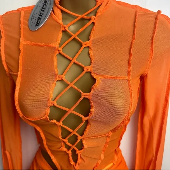 Poster Girl X Dolls Kill Orange Heating Up Mesh Lace Up Skirt Set NWT XXS-XS