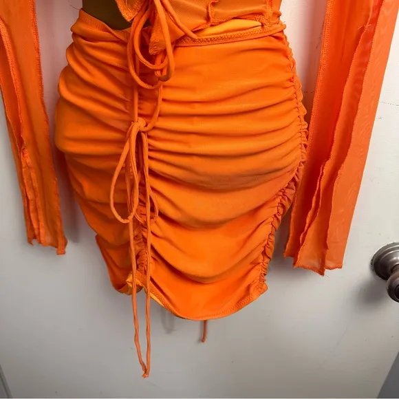 Poster Girl X Dolls Kill Orange Heating Up Mesh Lace Up Skirt Set NWT XXS-XS