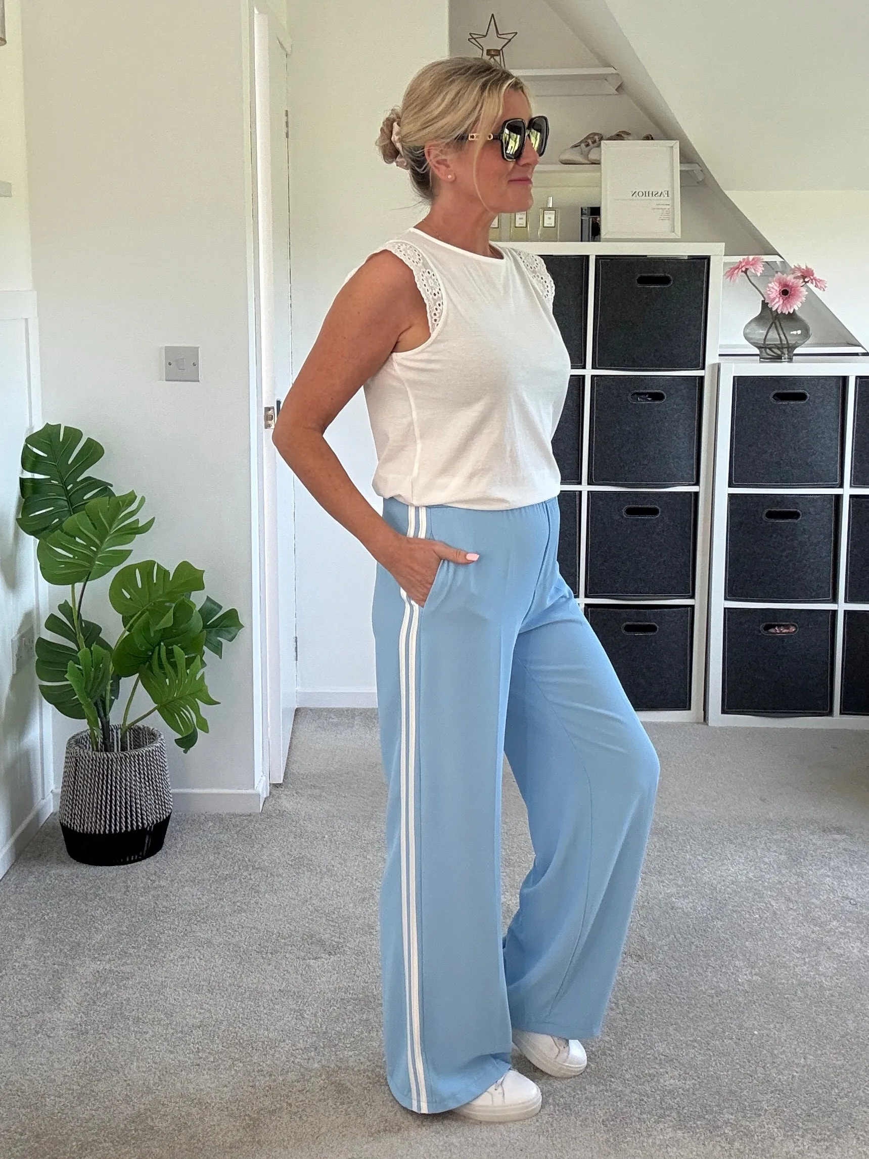Powder Blue/White Stripe Wide Leg Trousers