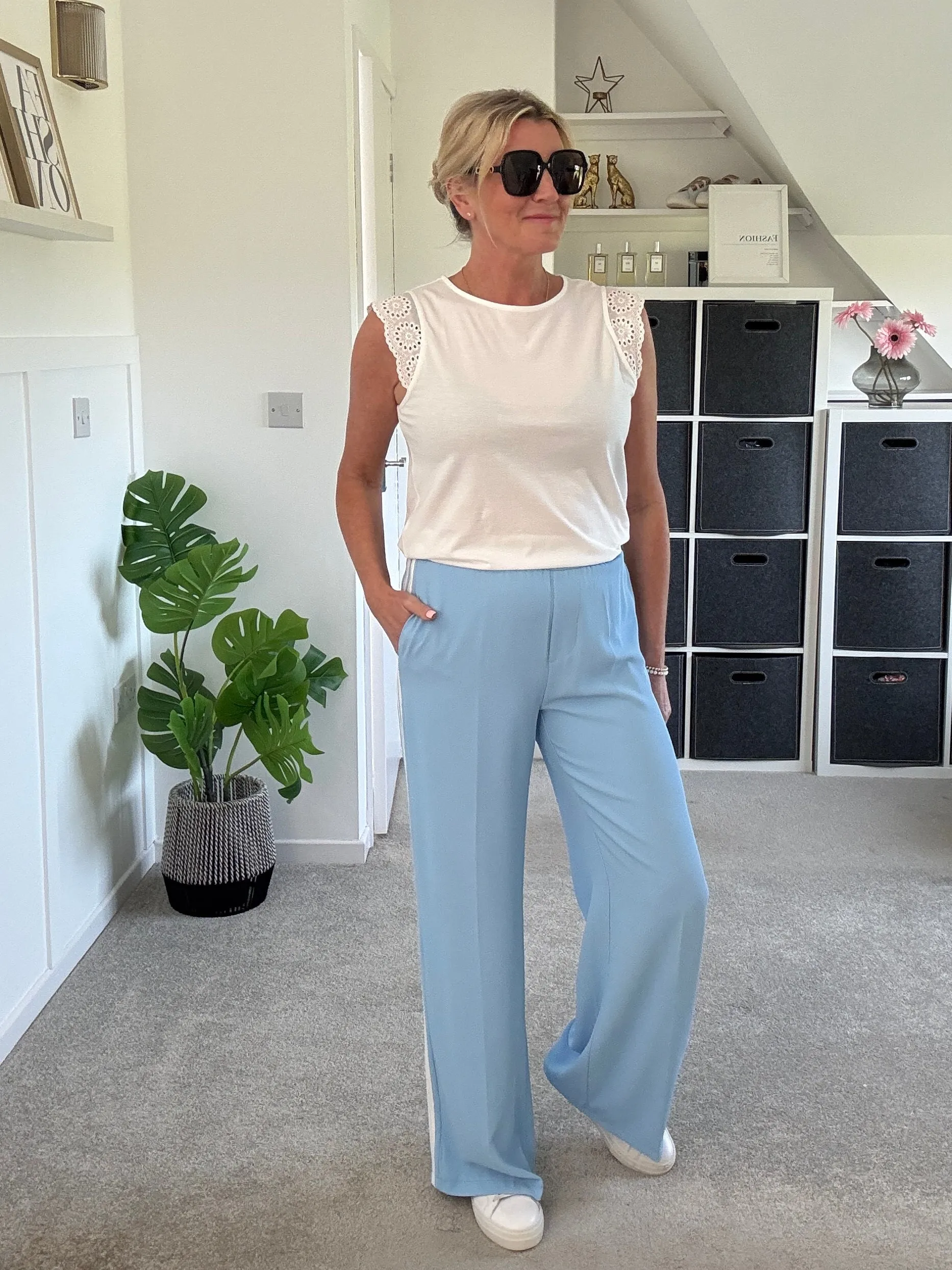 Powder Blue/White Stripe Wide Leg Trousers