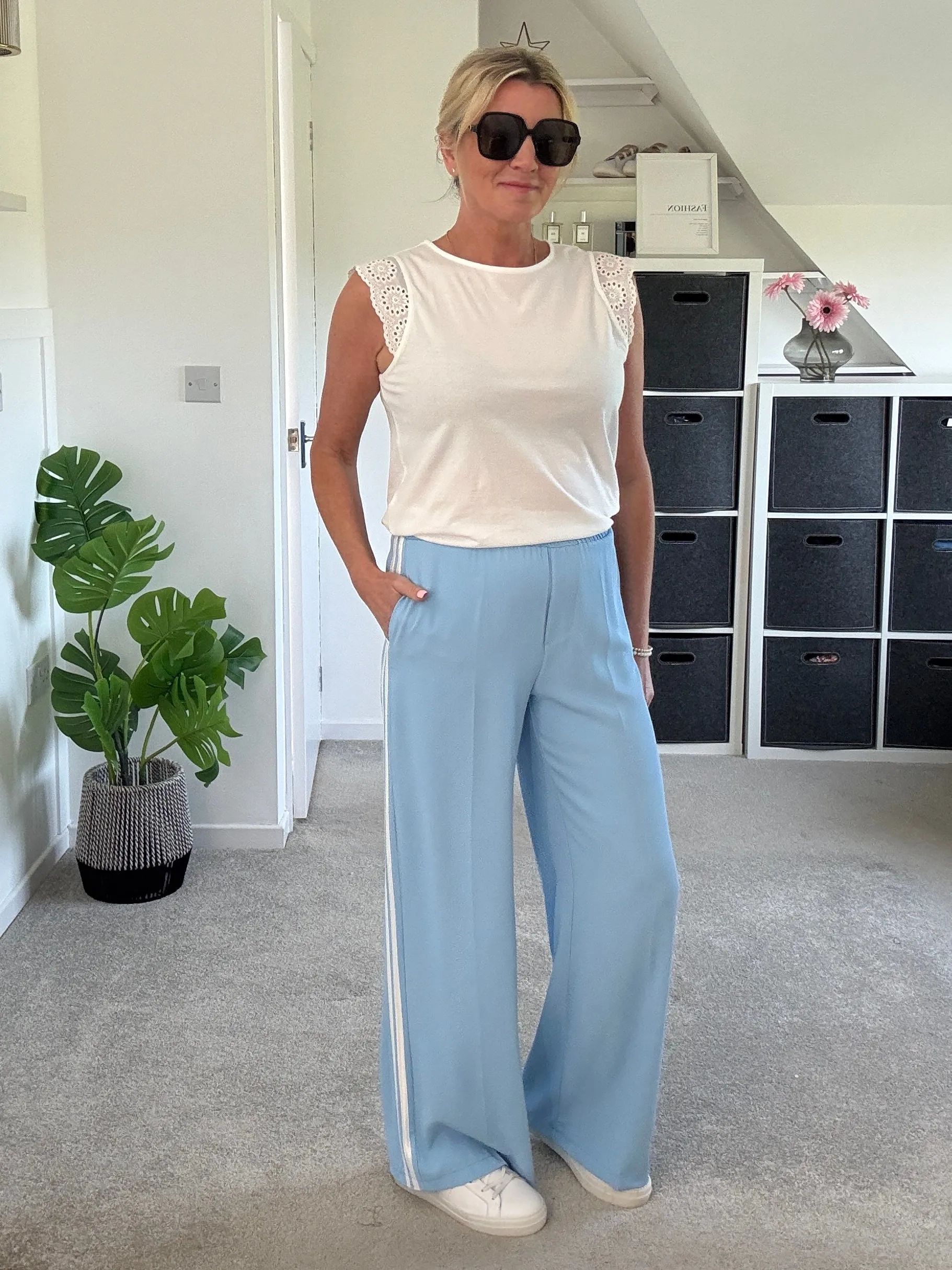 Powder Blue/White Stripe Wide Leg Trousers