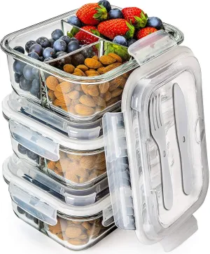 Prep Naturals Glass Meal Prep Containers 3 Compartment - Bento Box Containers Glass Food Storage Containers with Lids - Food Containers Food Prep Containers Glass Storage Containers with Lids 3 Pack