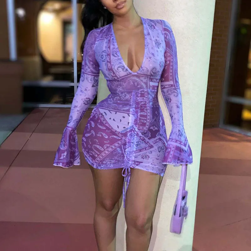 Print Deep V-Neck Flared Sleeve Drawstring Mini Dress