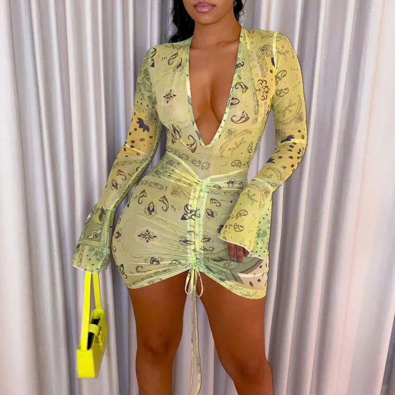 Print Deep V-Neck Flared Sleeve Drawstring Mini Dress