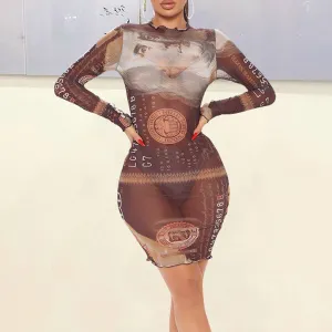 Print Long Sleeve Sheer Mesh Bodycon Dress