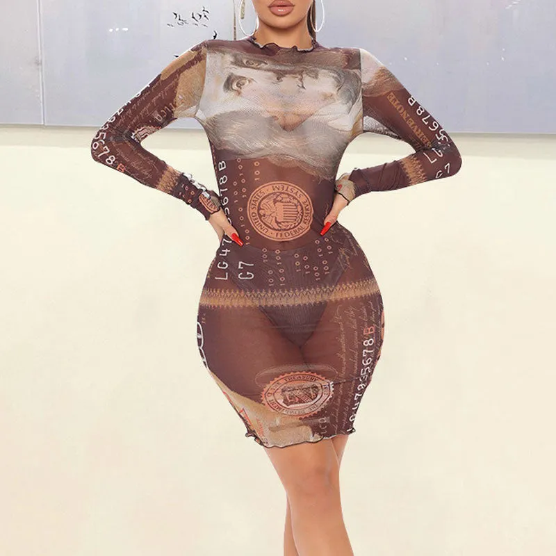 Print Long Sleeve Sheer Mesh Bodycon Dress