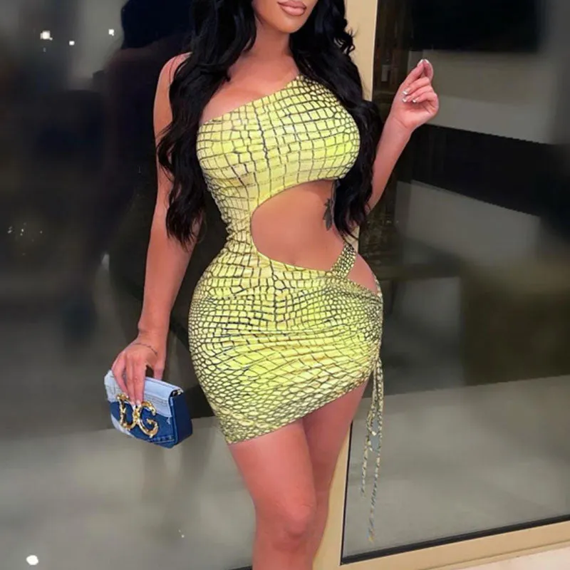 Print One Shoulder Cut Out Drawstring Mini Dress