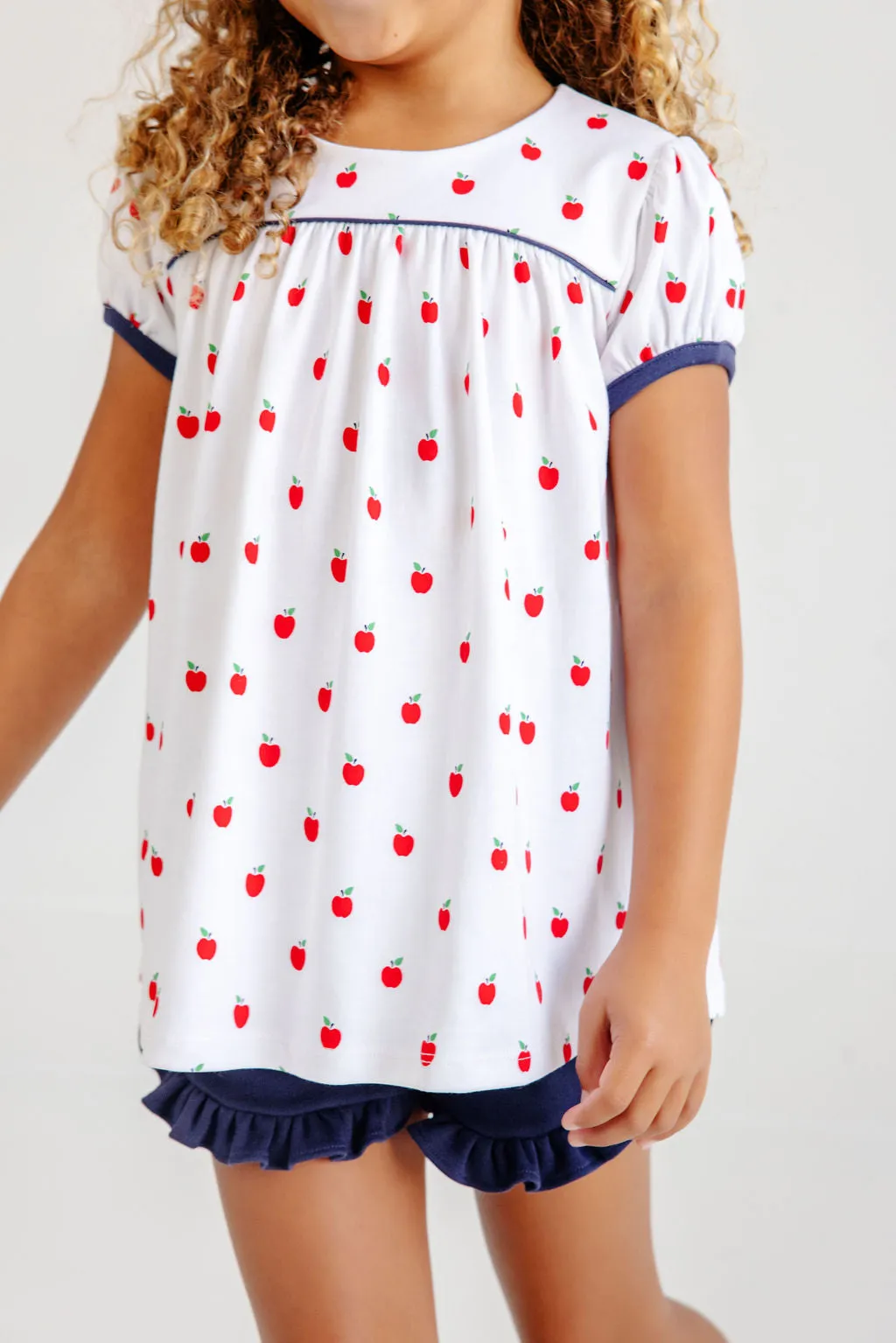 Puff Sleeve Dowell Day Top - Egerton Apples with Nantucket Navy