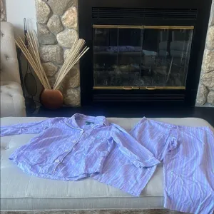 Ralph Lauren Two Piece Pajama Set Purple Green Striped Size Small