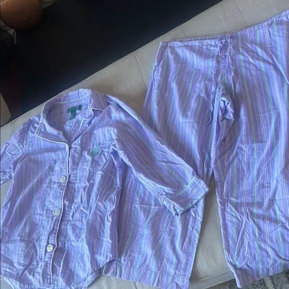 Ralph Lauren Two Piece Pajama Set Purple Green Striped Size Small