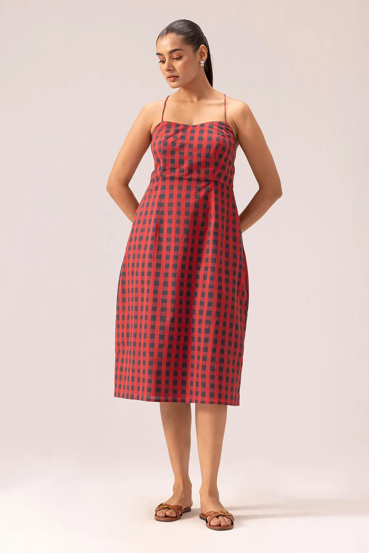 Red Cotton Backless Midi Dress