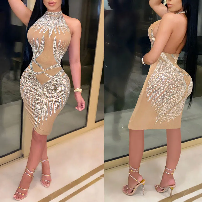Rhinestone Halter Backless Sheer Mesh Bodycon Dress