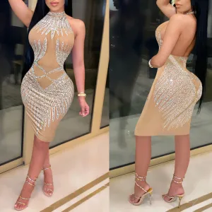 Rhinestone Halter Backless Sheer Mesh Bodycon Dress
