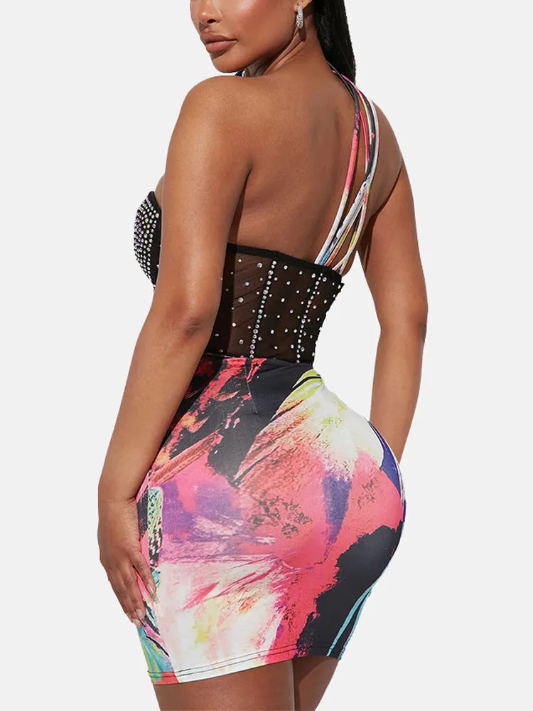 Rhinestone Mesh Printed Spaghetti Strap Dress