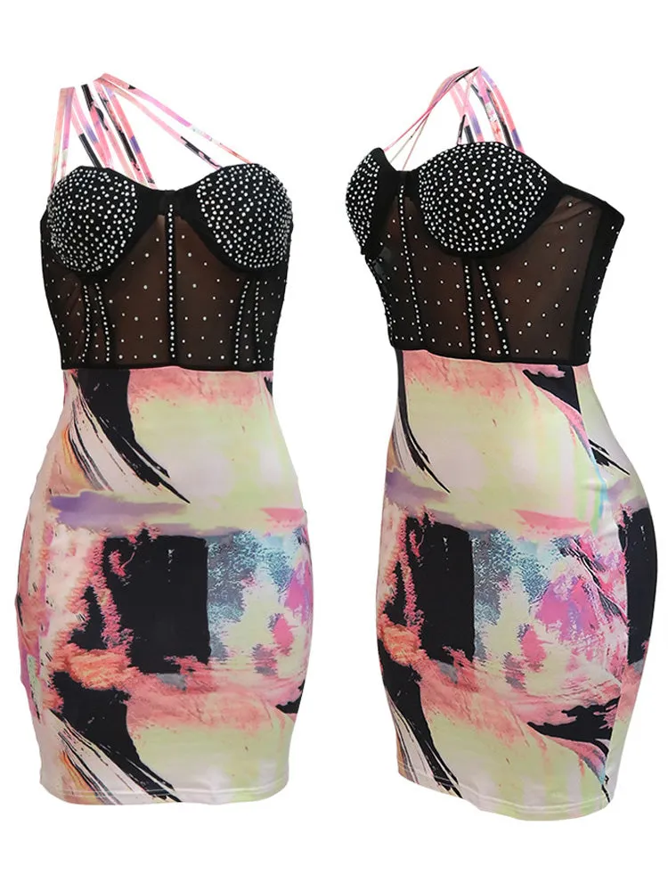 Rhinestone Mesh Printed Spaghetti Strap Dress