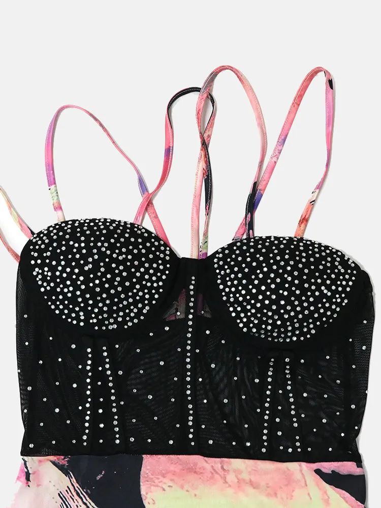 Rhinestone Mesh Printed Spaghetti Strap Dress