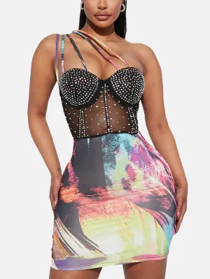 Rhinestone Mesh Printed Spaghetti Strap Dress