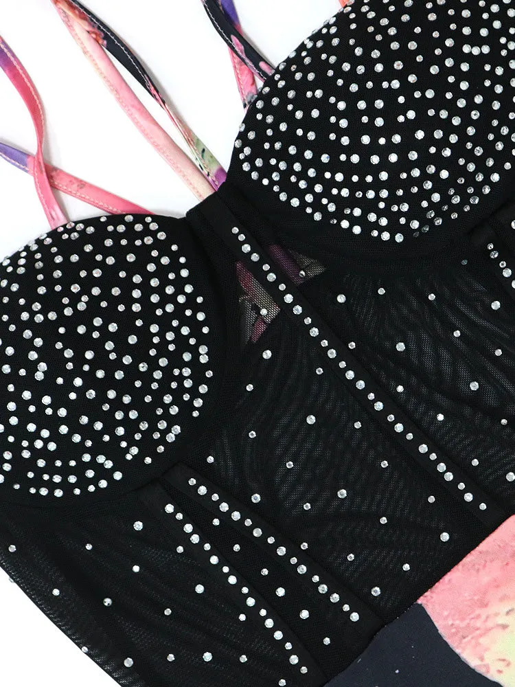 Rhinestone Mesh Printed Spaghetti Strap Dress