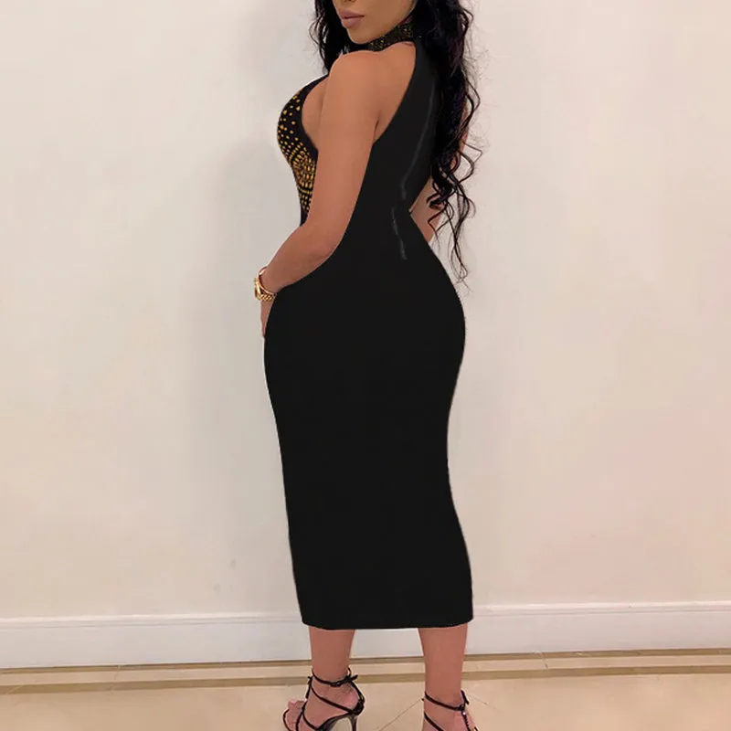 Rhinestone Sheer Mesh Sleeveless Party Dress
