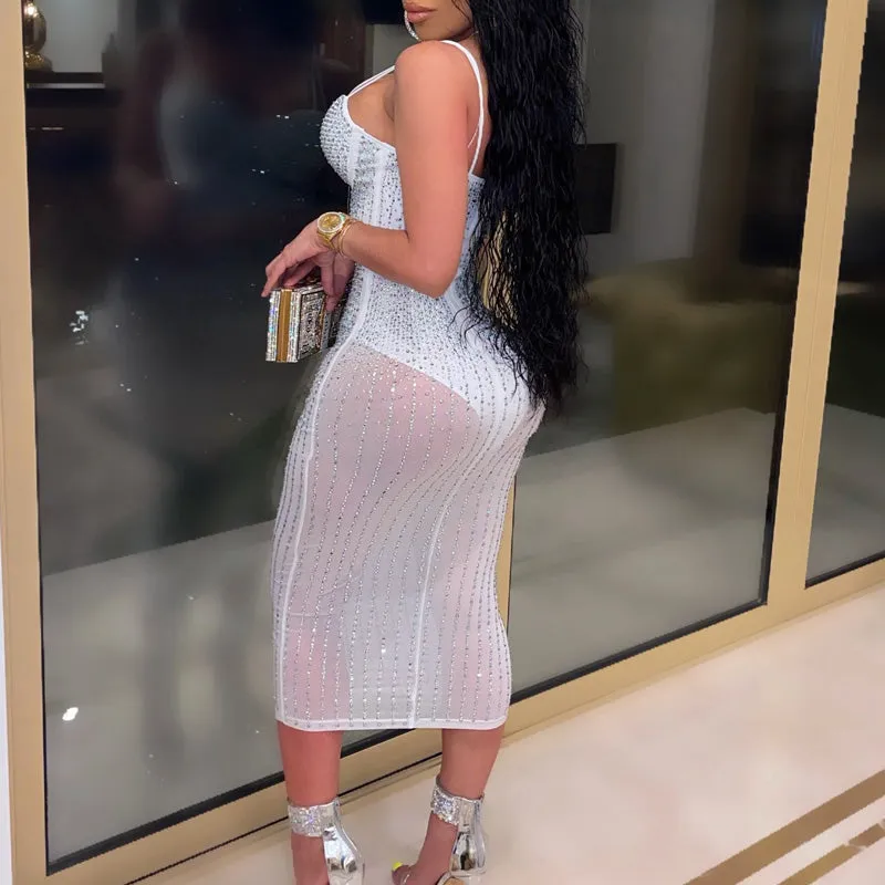 Rhinestone Sleeveless Spaghetti Strap Sheer Mesh Bodycon Dress