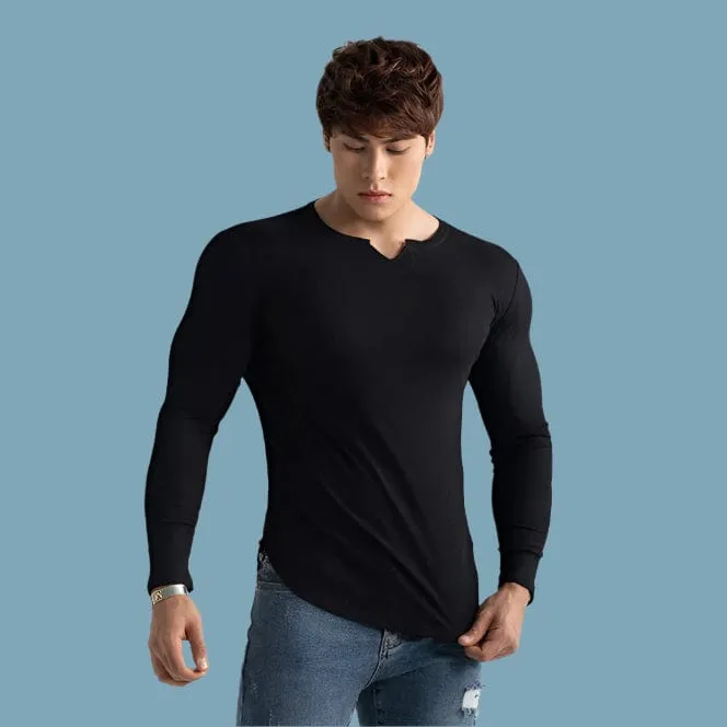 Ribbed Long Sleeve Clipped Crew Neck Shirt