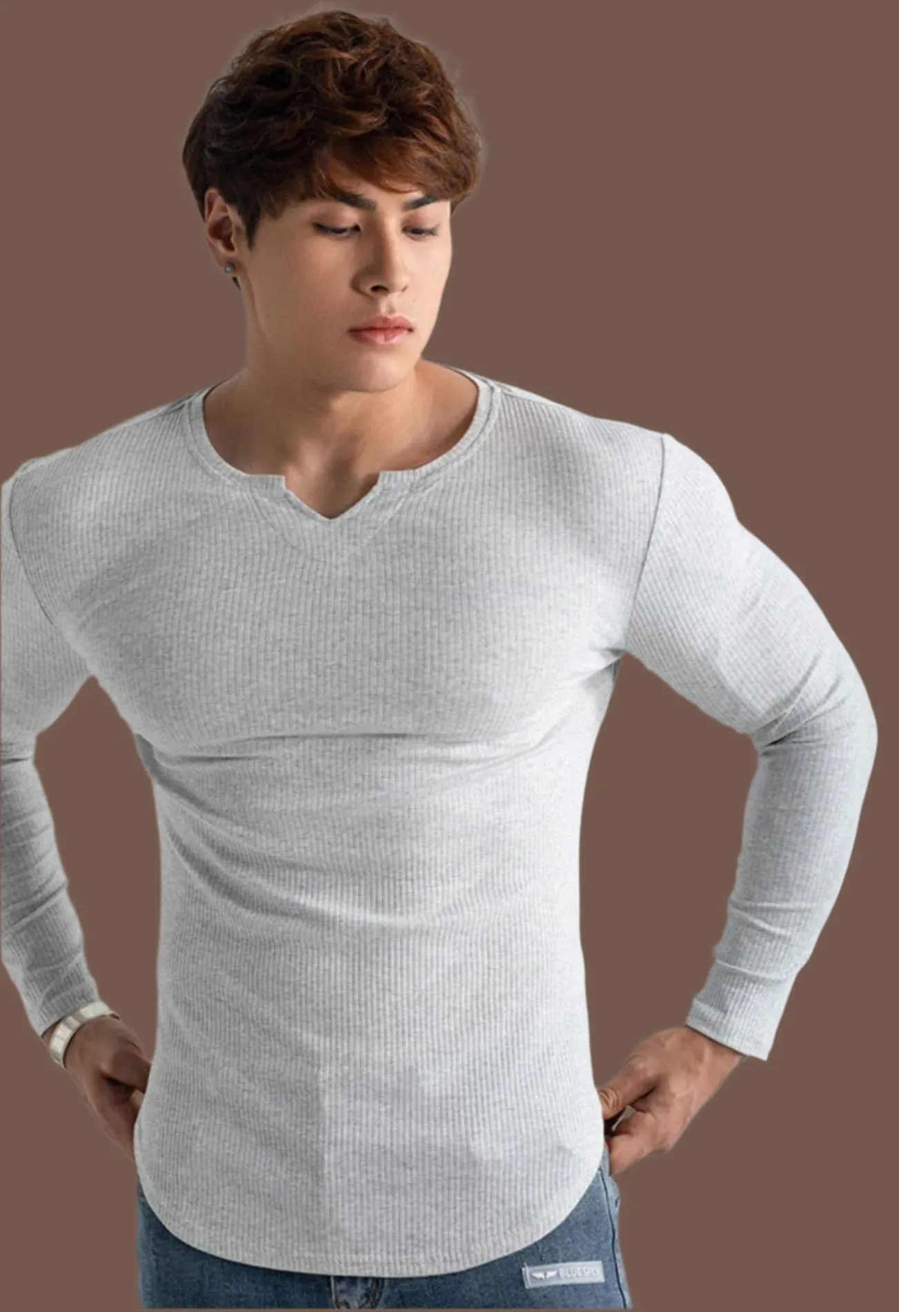Ribbed Long Sleeve Clipped Crew Neck Shirt