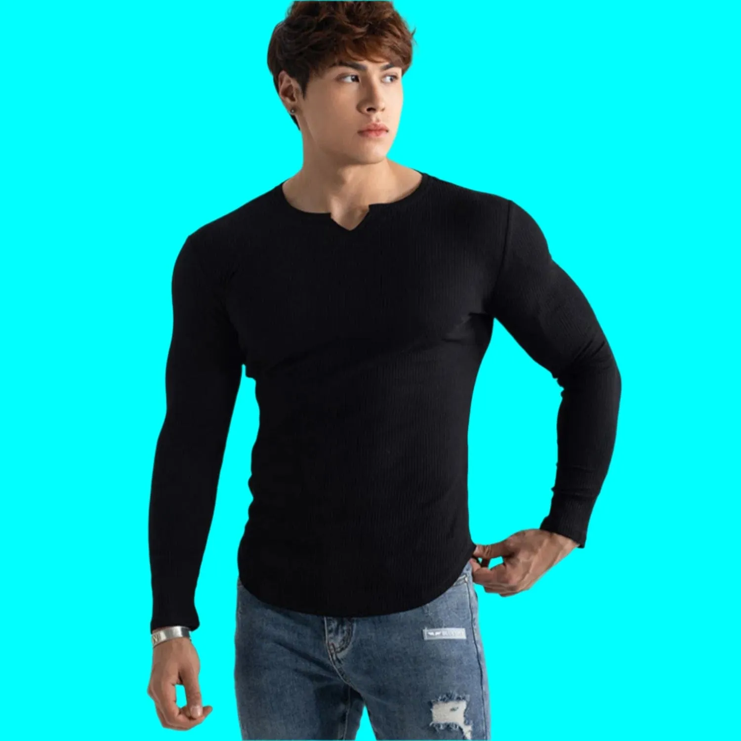 Ribbed Long Sleeve Clipped Crew Neck Shirt