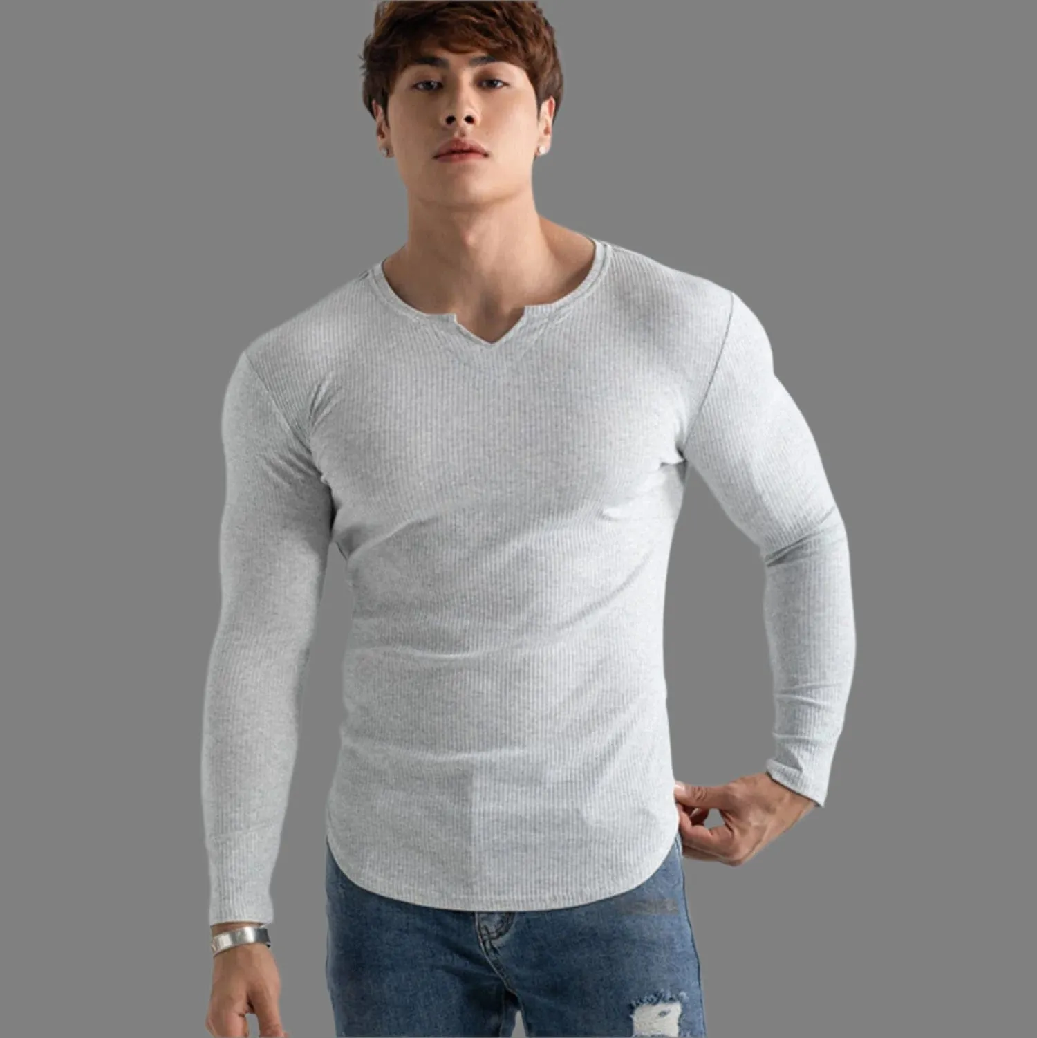 Ribbed Long Sleeve Clipped Crew Neck Shirt