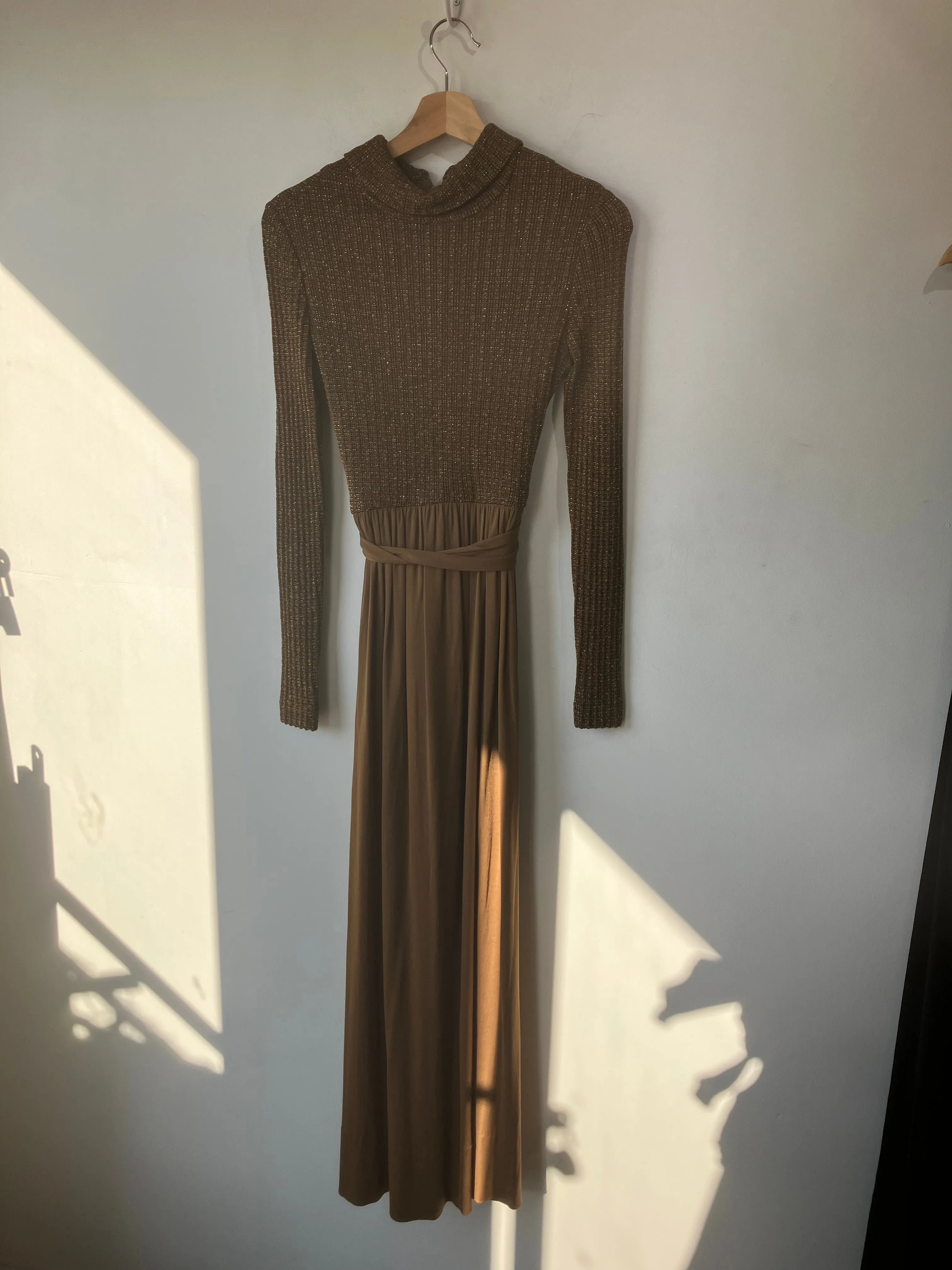 RODRIGUES c.1970's Bronze Metallic Knit Long Sleeve Cocktail Evening Gown