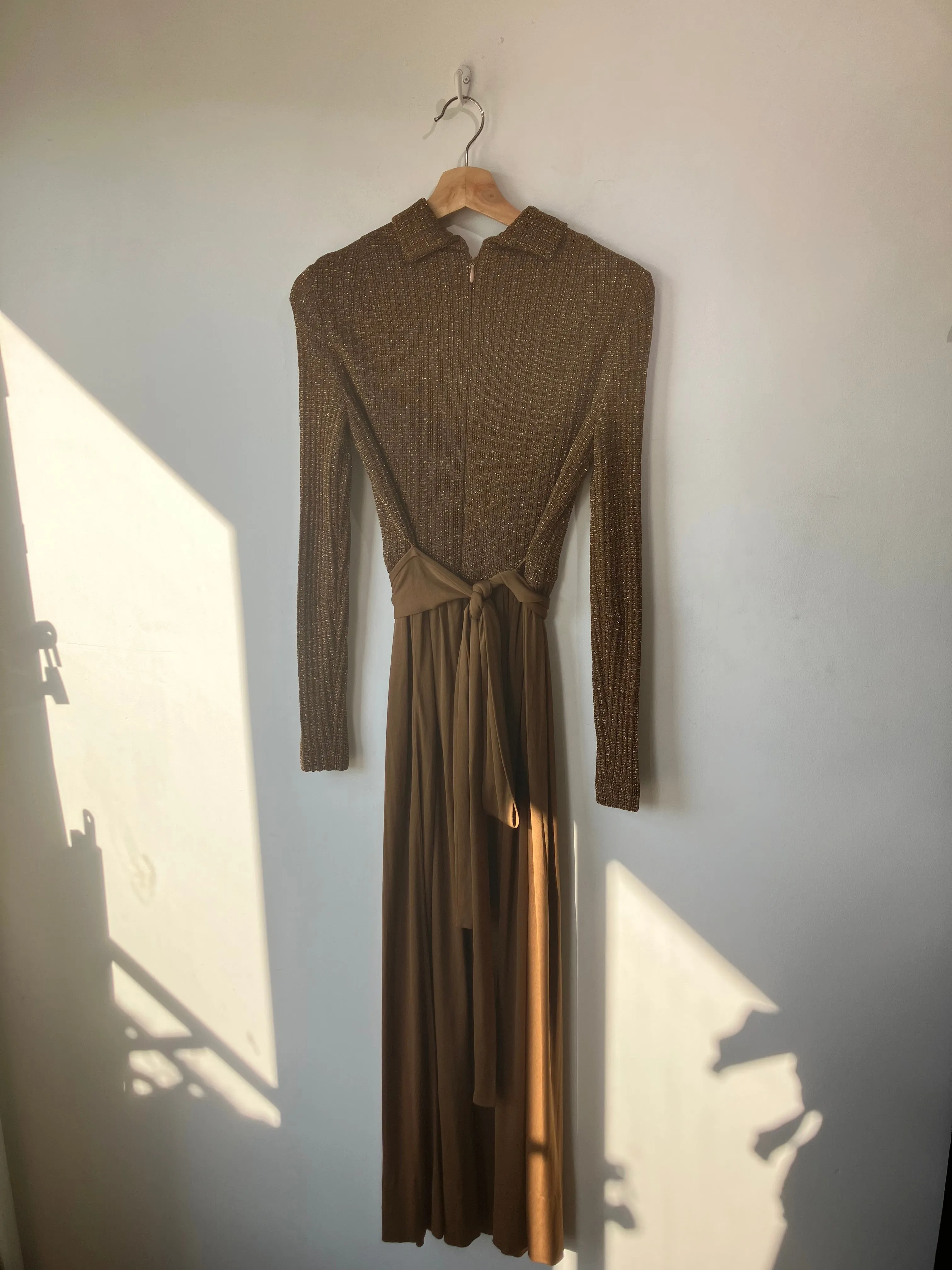 RODRIGUES c.1970's Bronze Metallic Knit Long Sleeve Cocktail Evening Gown