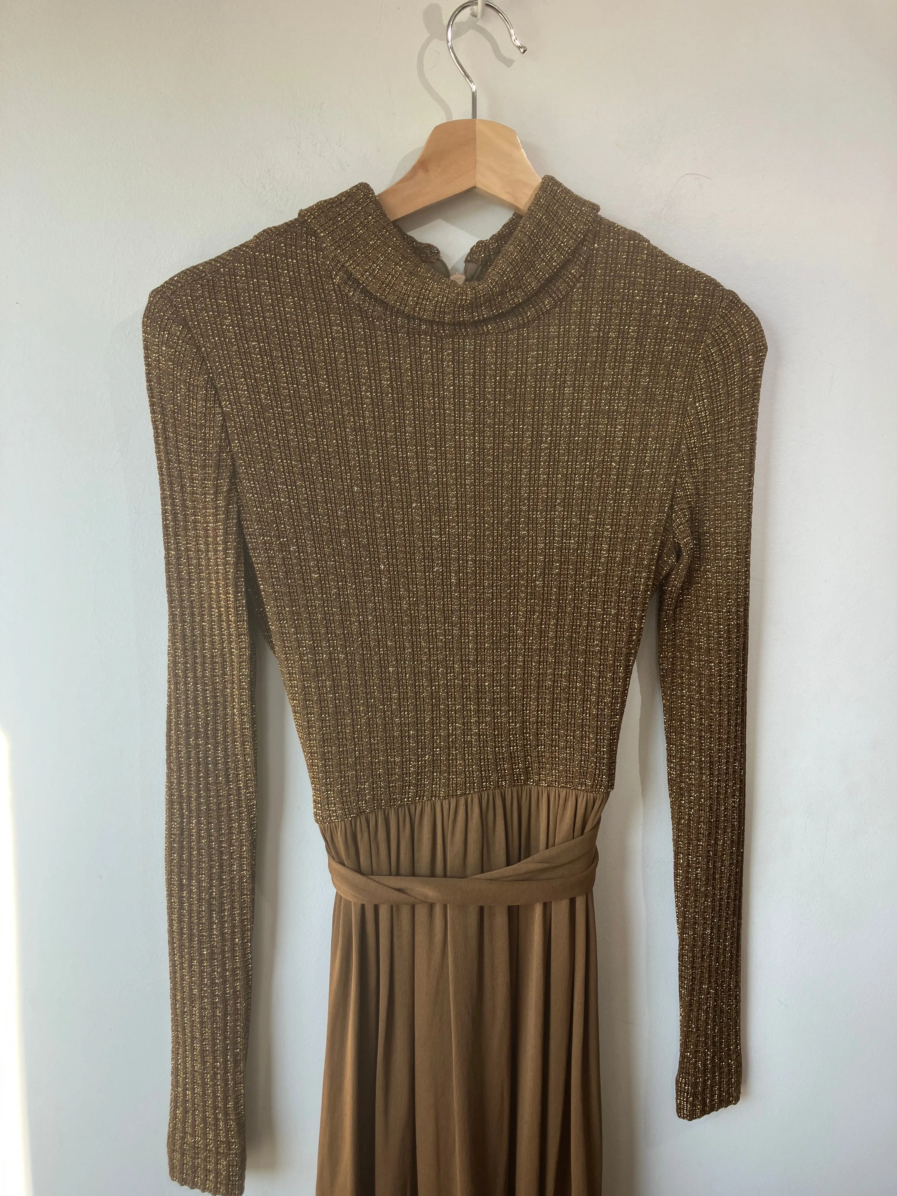 RODRIGUES c.1970's Bronze Metallic Knit Long Sleeve Cocktail Evening Gown