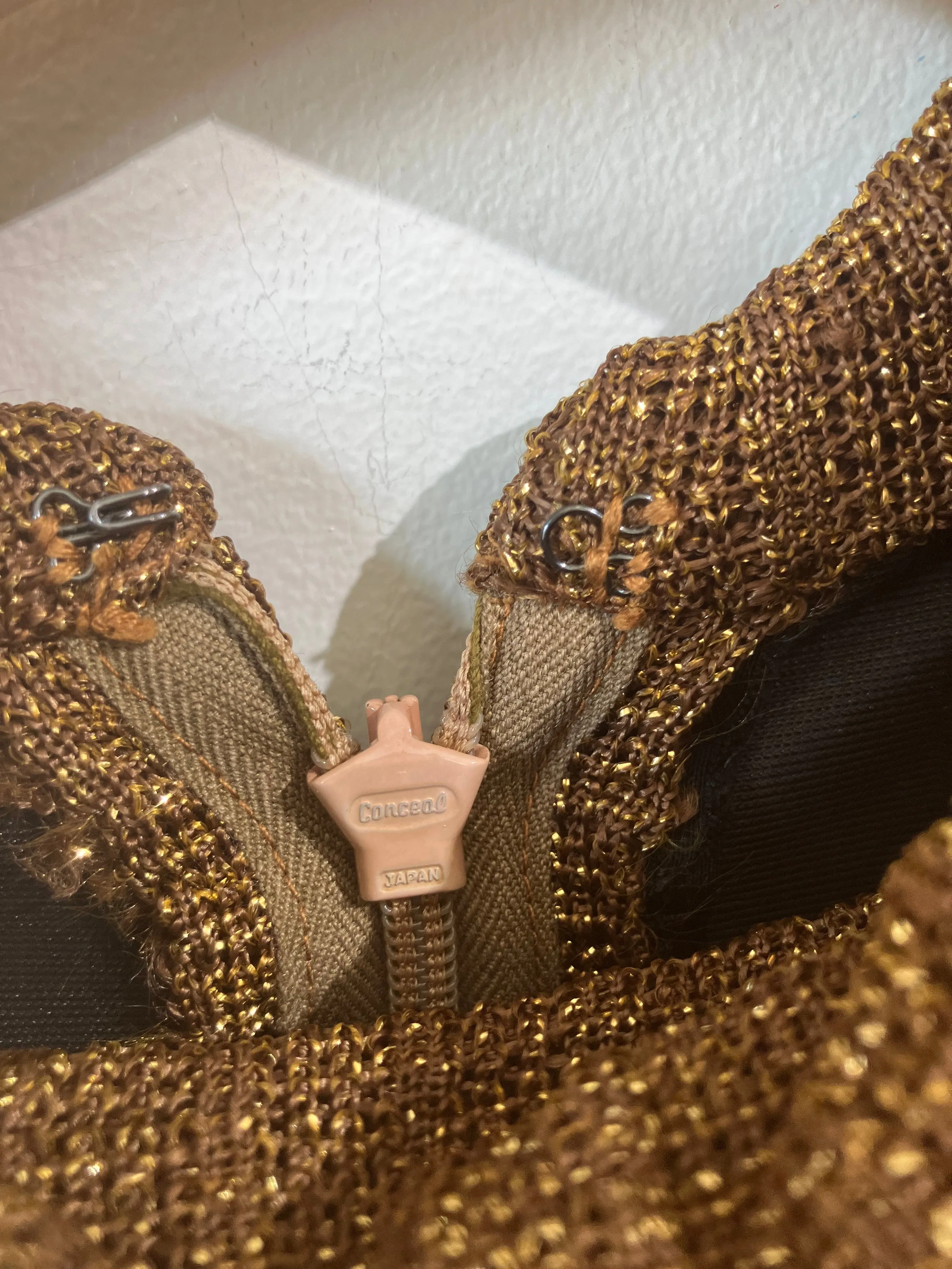 RODRIGUES c.1970's Bronze Metallic Knit Long Sleeve Cocktail Evening Gown