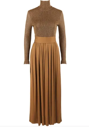 RODRIGUES c.1970's Bronze Metallic Knit Long Sleeve Cocktail Evening Gown