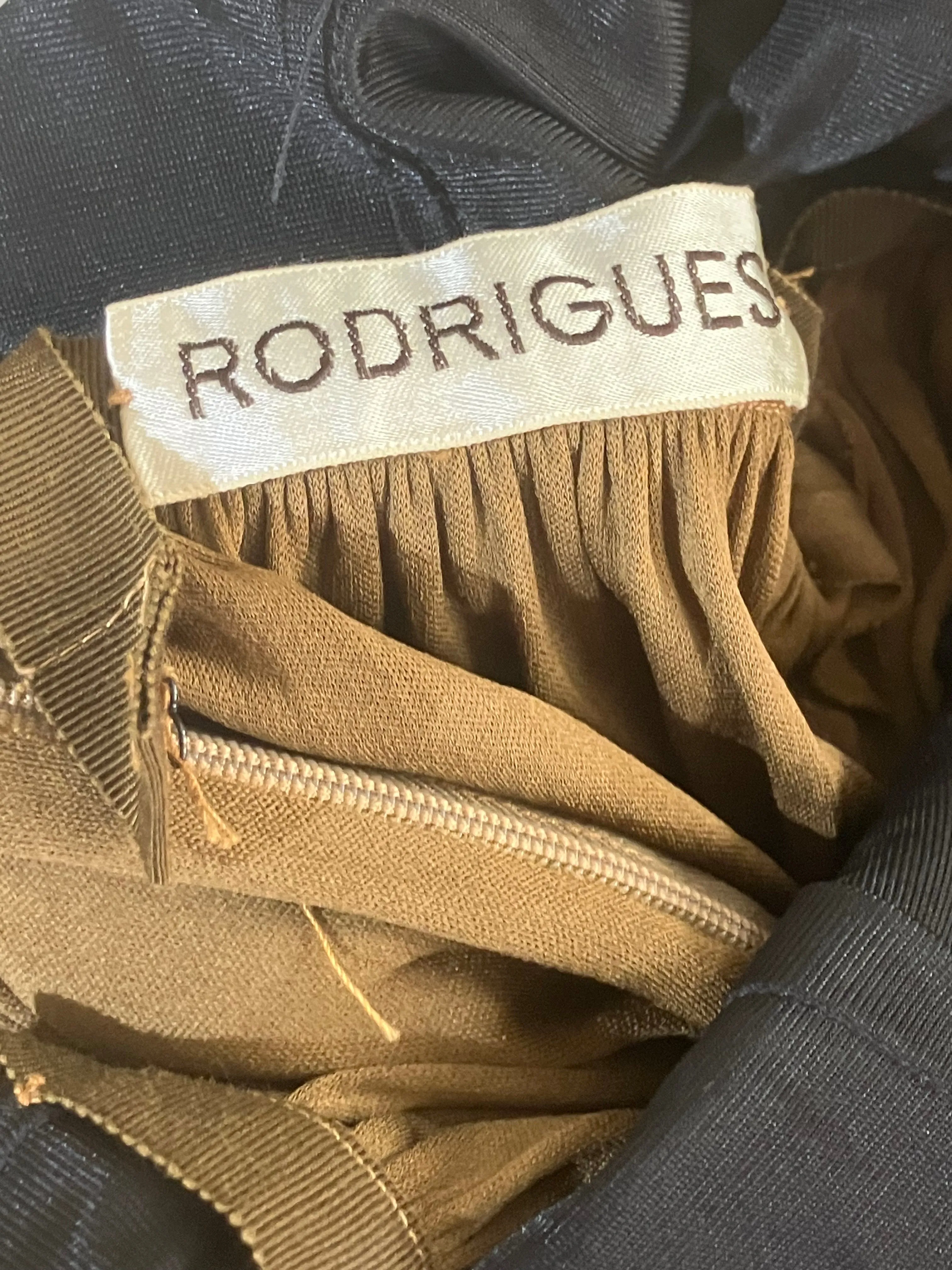RODRIGUES c.1970's Bronze Metallic Knit Long Sleeve Cocktail Evening Gown
