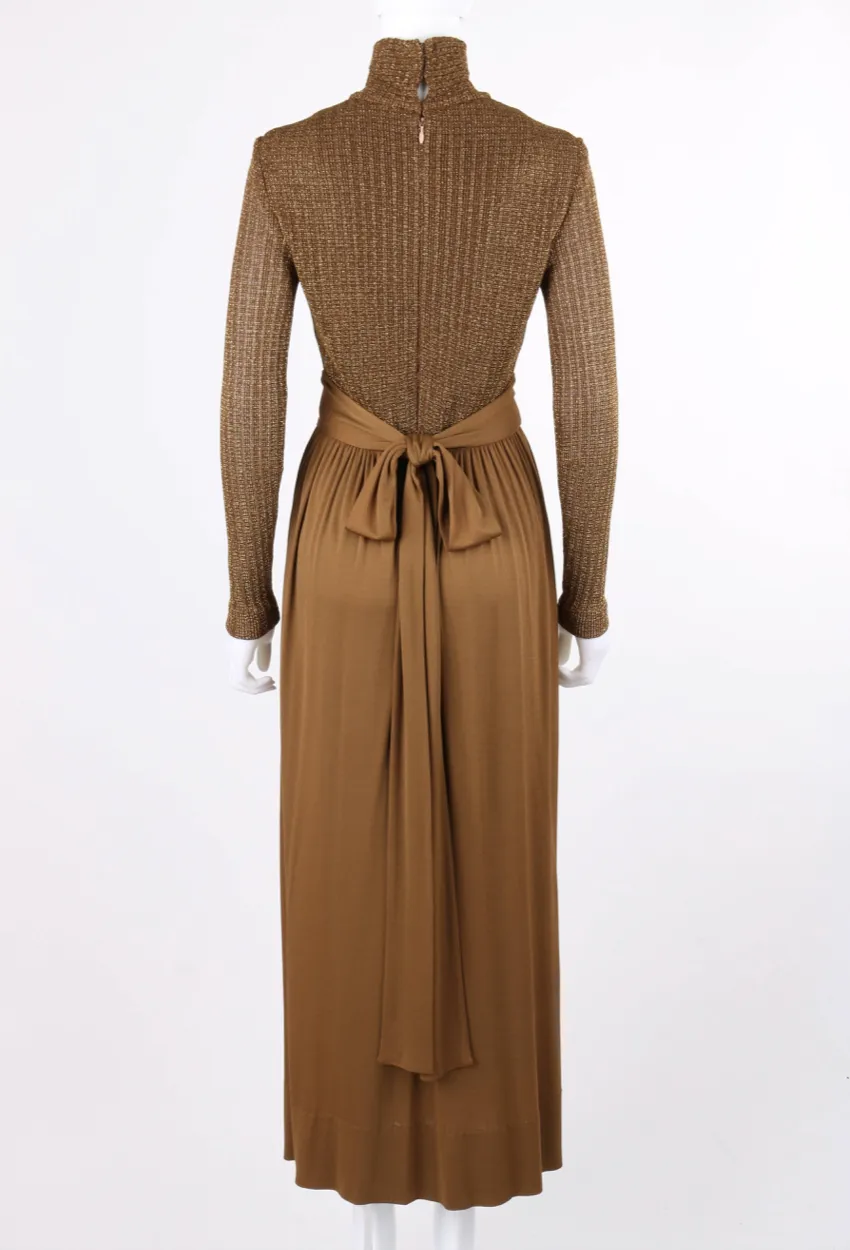 RODRIGUES c.1970's Bronze Metallic Knit Long Sleeve Cocktail Evening Gown