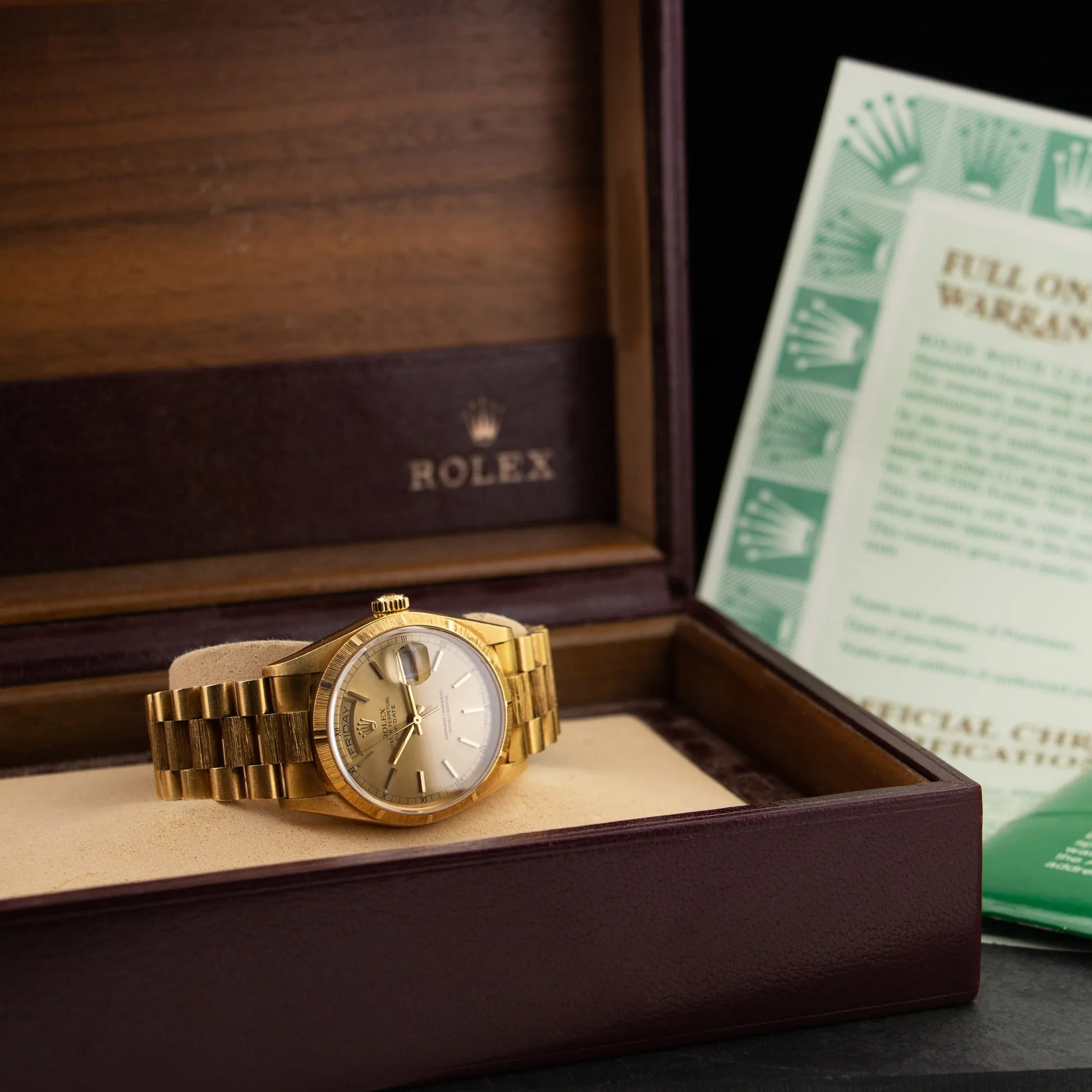 Rolex Day-Date Watch Ref. 18078 with Bark Finish and Box and Paper