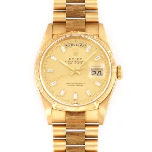 Rolex Day-Date Yellow Gold Bark Finish Baguette Diamond Watch Ref. 18248