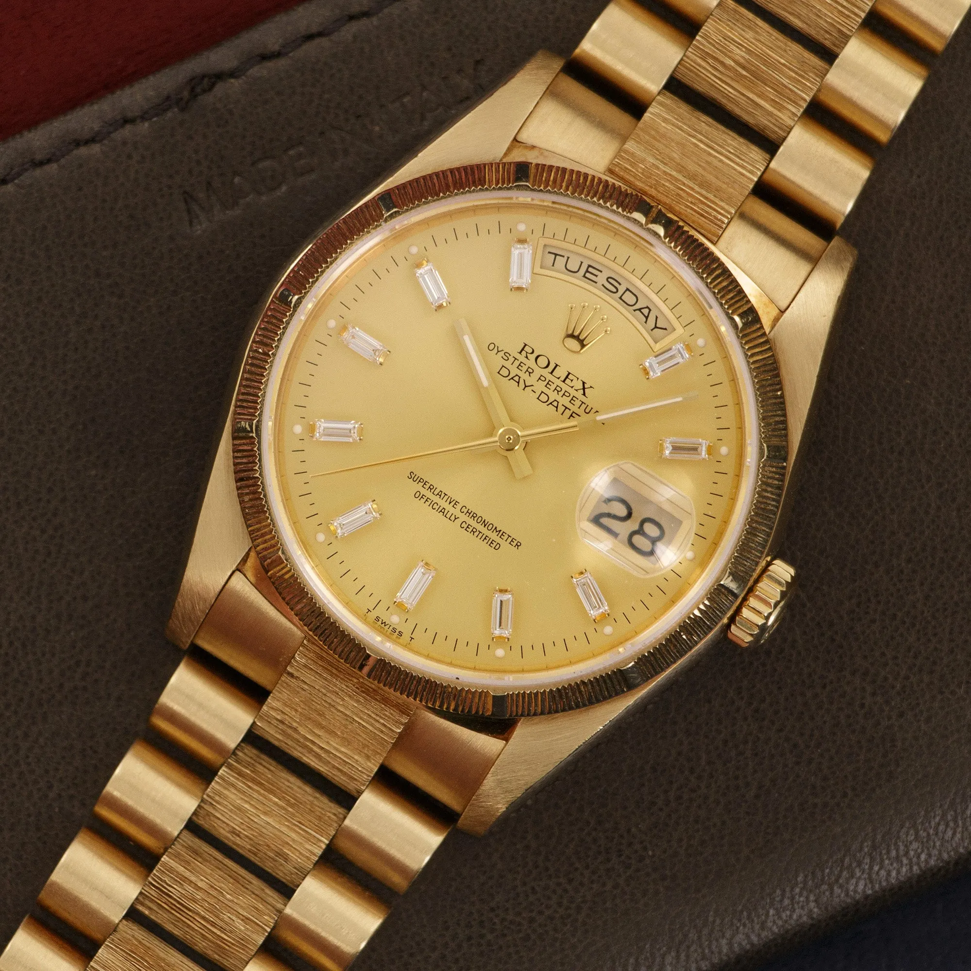 Rolex Day-Date Yellow Gold Bark Finish Baguette Diamond Watch Ref. 18248
