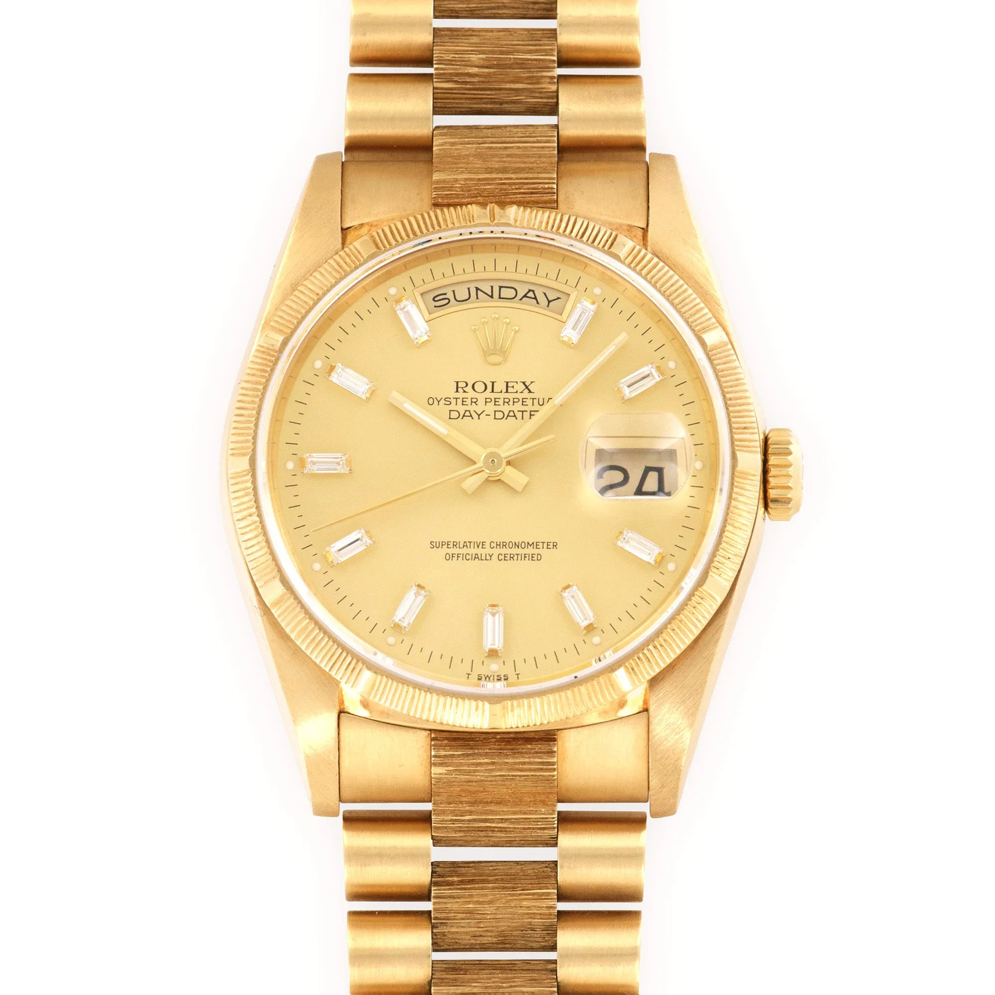 Rolex Day-Date Yellow Gold Bark Finish Baguette Diamond Watch Ref. 18248