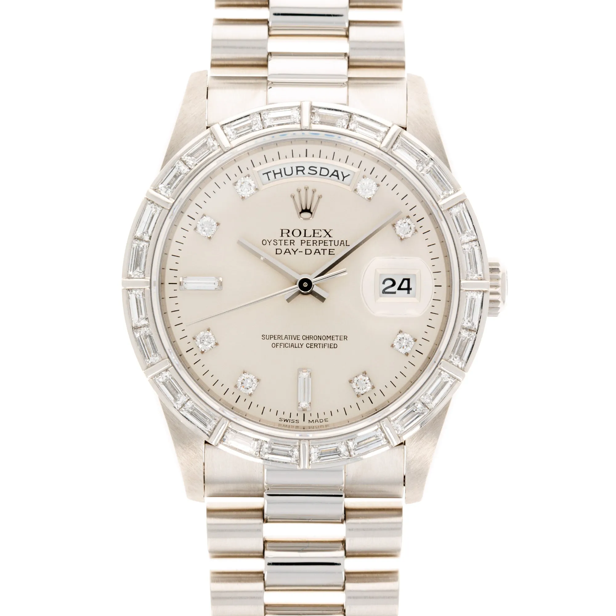 Rolex Platinum Day-Date Baguette Diamond Watch Ref. 18366 with Bucherer Warranty