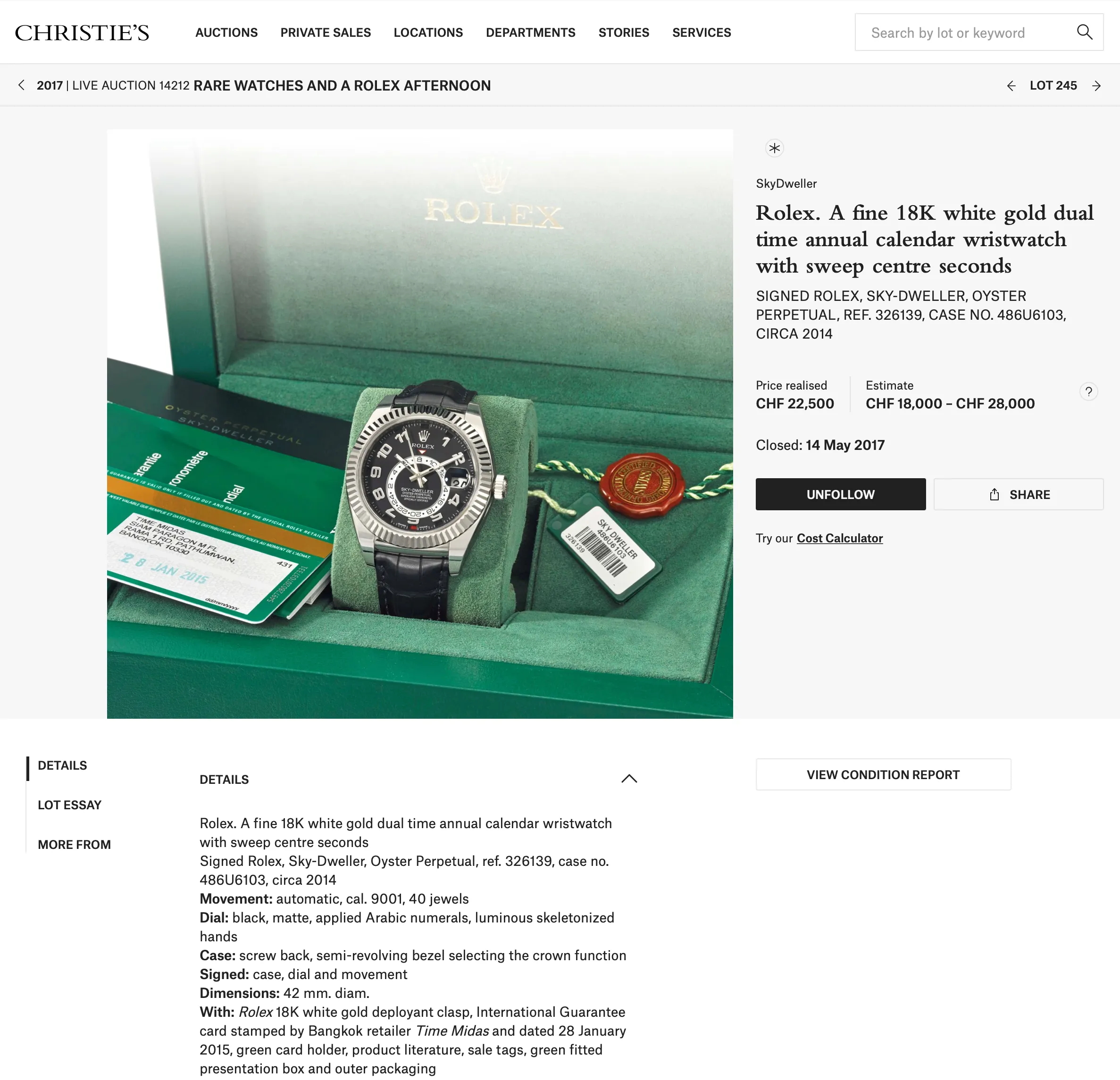 Rolex Sky-Dweller 326139 Christie's Lot 245 Full Set 18k White Gold 42 mm