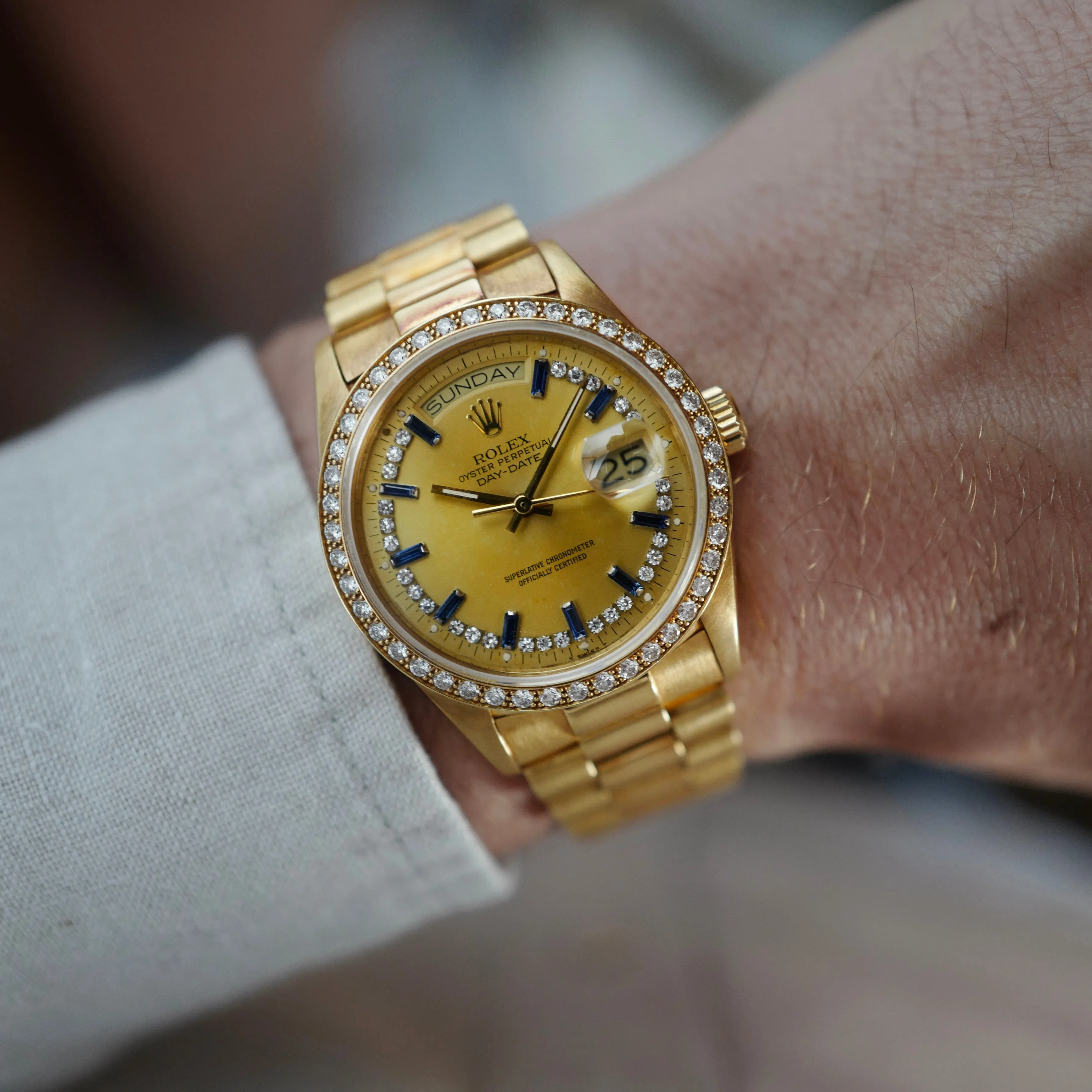 Rolex Yellow Gold Day-Date Ref. 18048 with Factory Sapphire Diamond String Dial