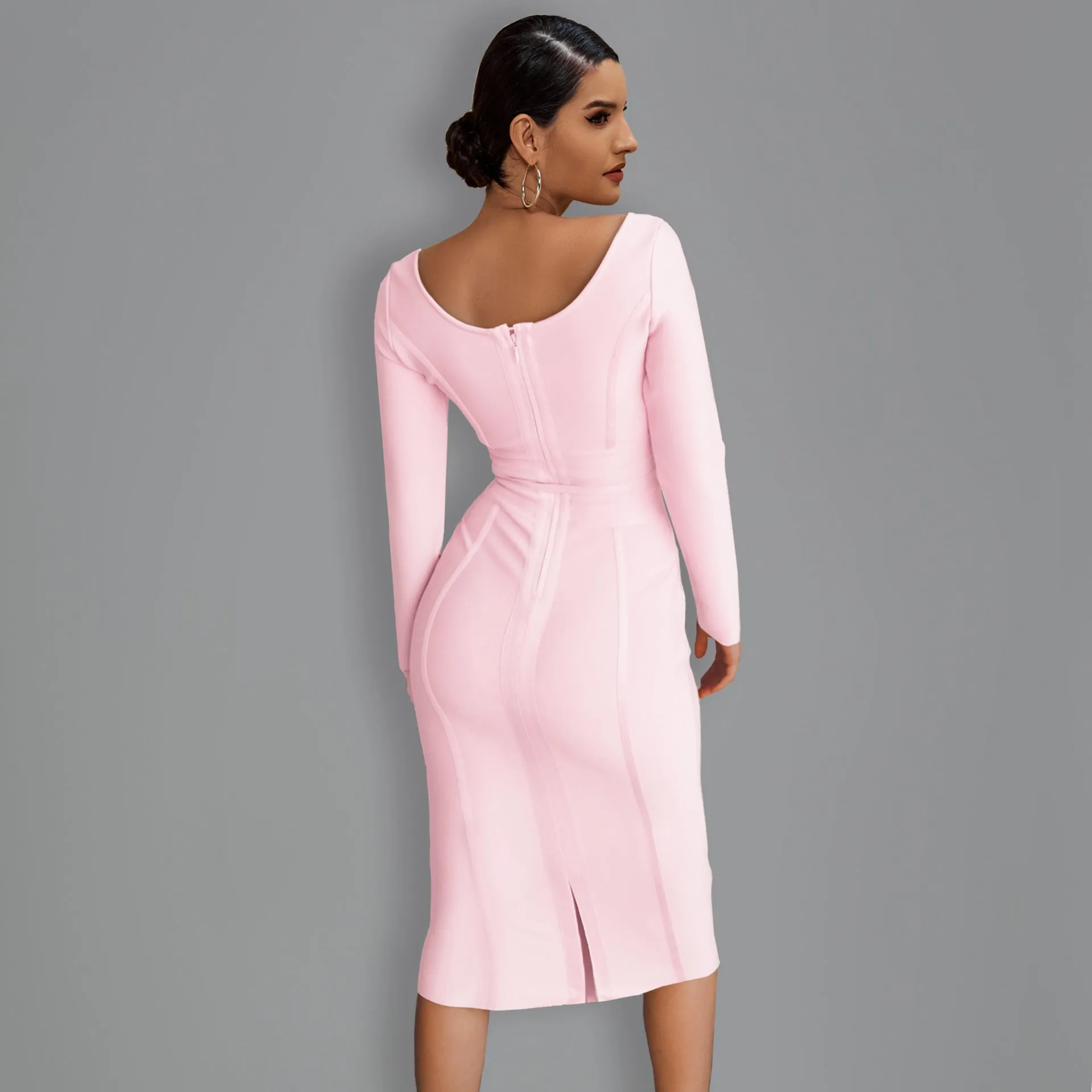 Round Neck Long Sleeve Tie Midi Bandage Dress PP21612