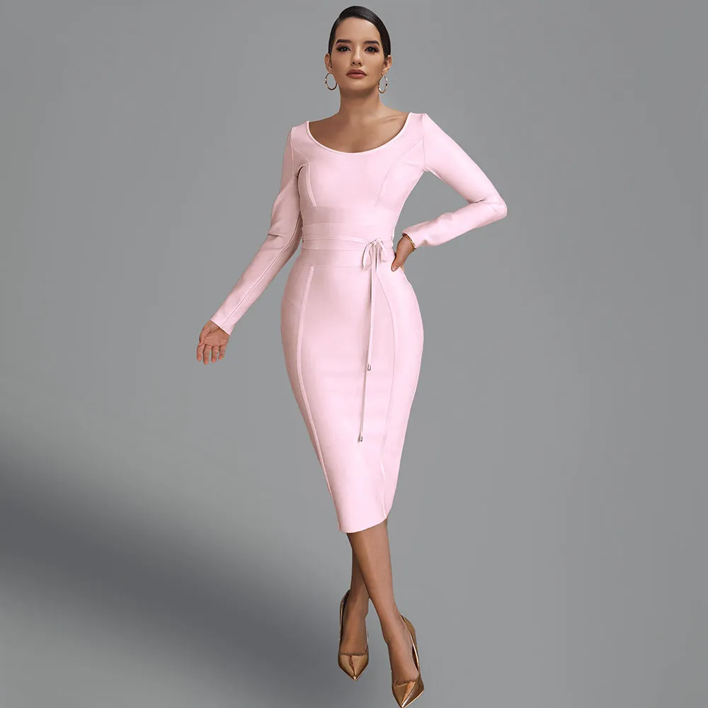 Round Neck Long Sleeve Tie Midi Bandage Dress PP21612